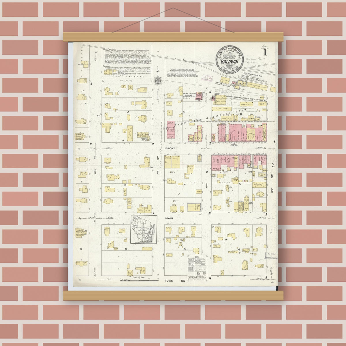Old map wall art mockup — magnetic wood frame on brick wall — Sanborn Fire Insurance Map from Baldwin, St. Croix County, Wisconsin (1912) - Complete Map Set