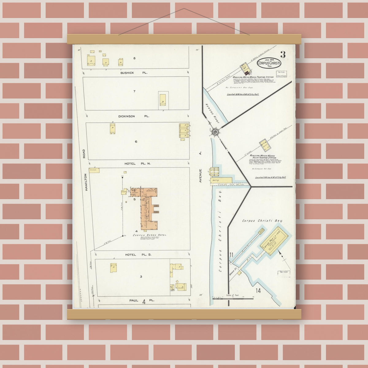 Old map wall art mockup — magnetic wood frame on brick wall — Sanborn Fire Insurance Map from Corpus Christi, Nueces County, Texas (1914), Sheet #0003