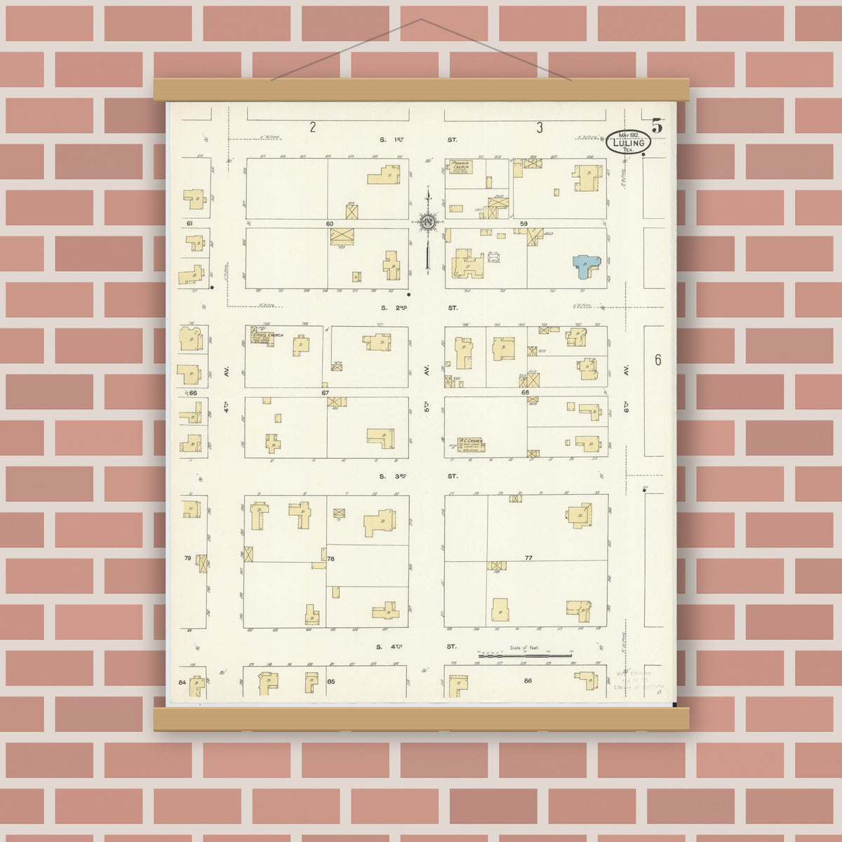 Old map wall art mockup — magnetic wood frame on brick wall — Sanborn Fire Insurance Map from Luling, Caldwell County, Texas (1912), Sheet #0005