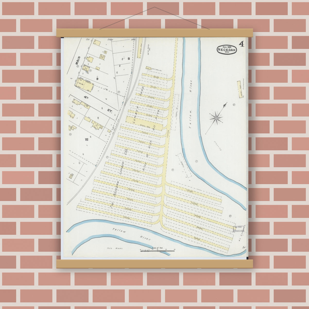 Old map wall art mockup — magnetic wood frame on brick wall — Sanborn Fire Insurance Map from Necedah, Juneau County, Wisconsin (1891), Sheet #0004