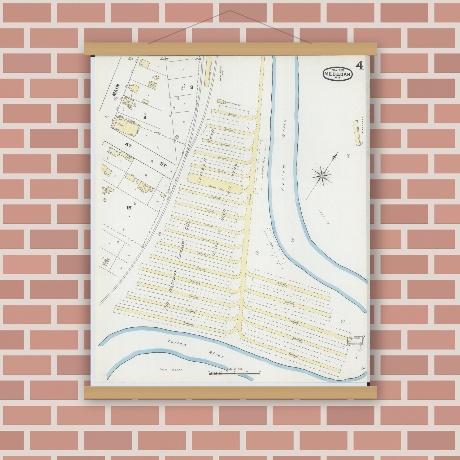 Old map wall art mockup — magnetic wood frame on brick wall — Sanborn Fire Insurance Map from Necedah, Juneau County, Wisconsin (1891), Sheet #0004