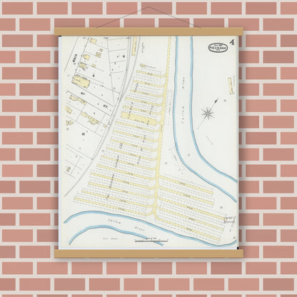 Old map wall art mockup — magnetic wood frame on brick wall — Sanborn Fire Insurance Map from Necedah, Juneau County, Wisconsin (1891), Sheet #0004