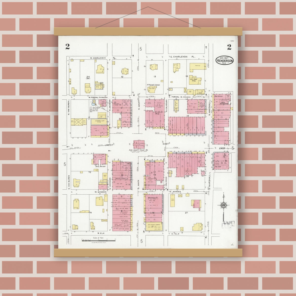 Old map wall art mockup — magnetic wood frame on brick wall — Sanborn Fire Insurance Map from Henderson, Rusk County, Texas (1927), Sheet #0002