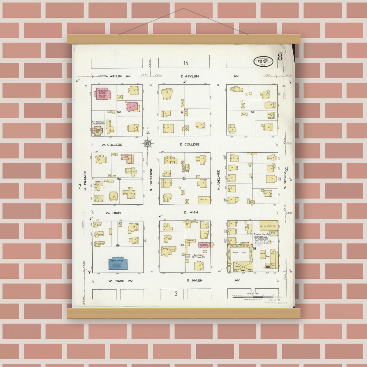 Old map wall art mockup — magnetic wood frame on brick wall — Sanborn Fire Insurance Map from Terrell, Kaufman County, Texas (1921), Sheet #0008