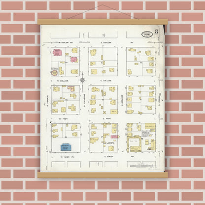 Old map wall art mockup — magnetic wood frame on brick wall — Sanborn Fire Insurance Map from Terrell, Kaufman County, Texas (1921), Sheet #0008