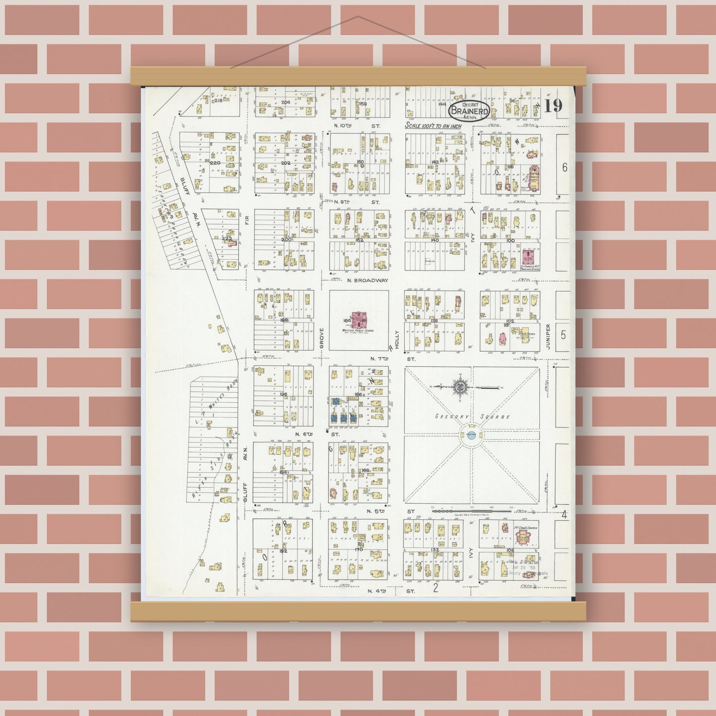 Old map wall art mockup — magnetic wood frame on brick wall — Sanborn Fire Insurance Map from Brainerd, Crow Wing County, Minnesota (1917), Sheet #0019