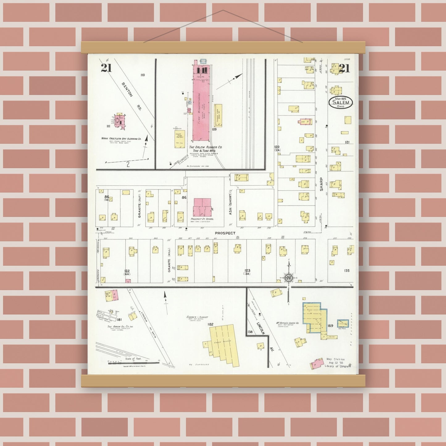 Old map wall art mockup — magnetic wood frame on brick wall — Sanborn Fire Insurance Map from Salem, Columbiana County, Ohio (1926), Sheet #0021