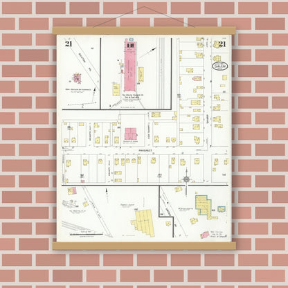 Old map wall art mockup — magnetic wood frame on brick wall — Sanborn Fire Insurance Map from Salem, Columbiana County, Ohio (1926), Sheet #0021
