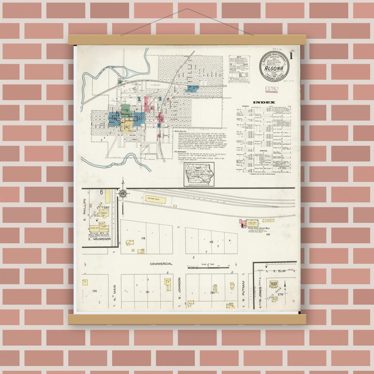 Old map wall art mockup — magnetic wood frame on brick wall — Sanborn Fire Insurance Map from Algona, Kossuth County, Iowa (1913), Sheet #0001