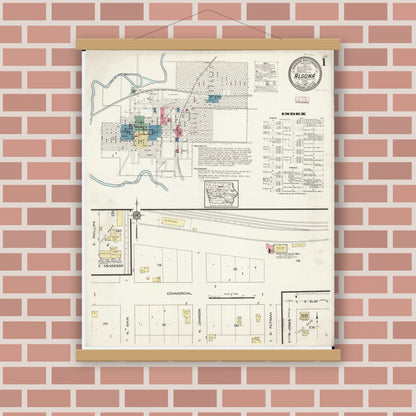 Old map wall art mockup — magnetic wood frame on brick wall — Sanborn Fire Insurance Map from Algona, Kossuth County, Iowa (1913), Sheet #0001