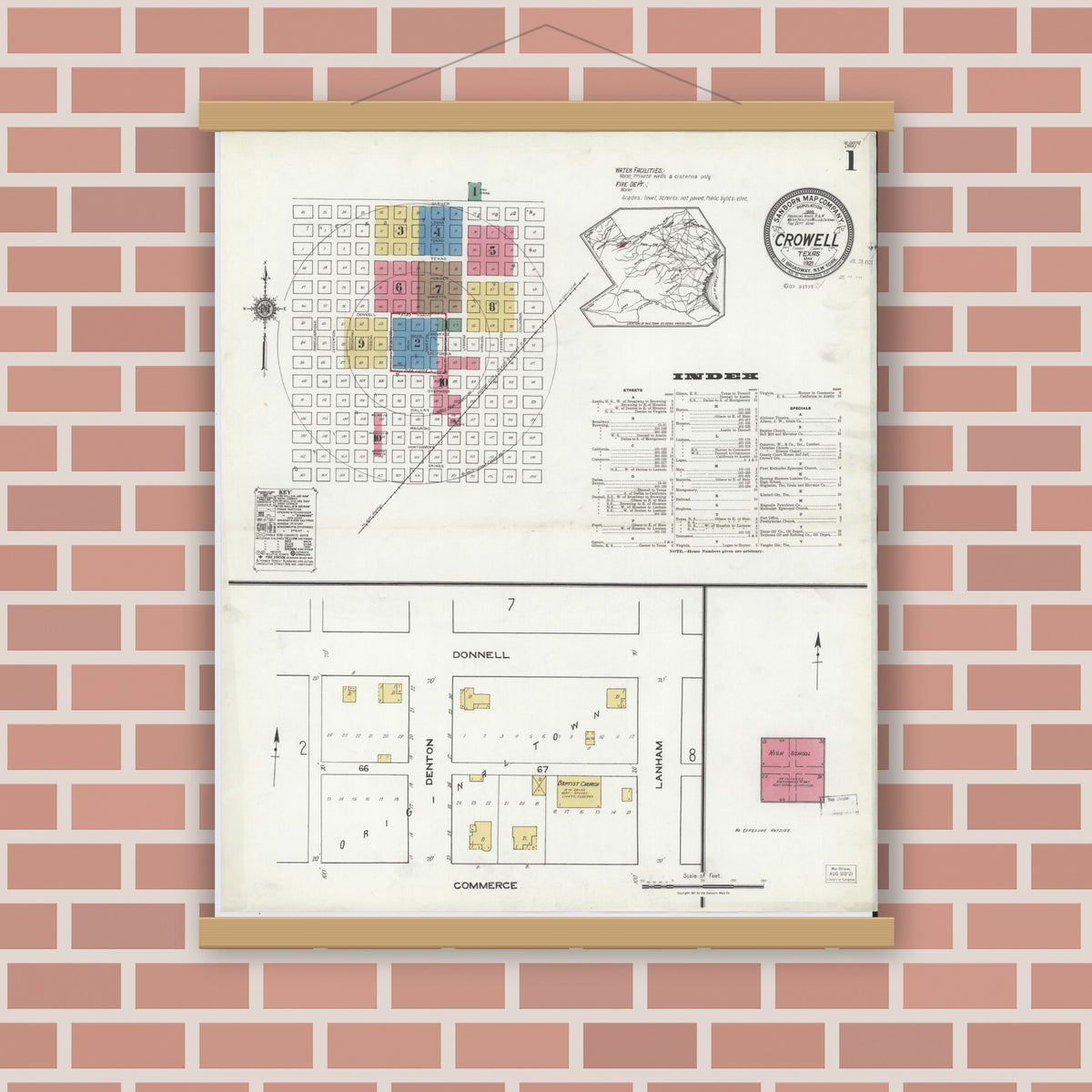 Old map wall art mockup — magnetic wood frame on brick wall — Sanborn Fire Insurance Map from Crowell, Foard County, Texas (1921) - Complete Map Set