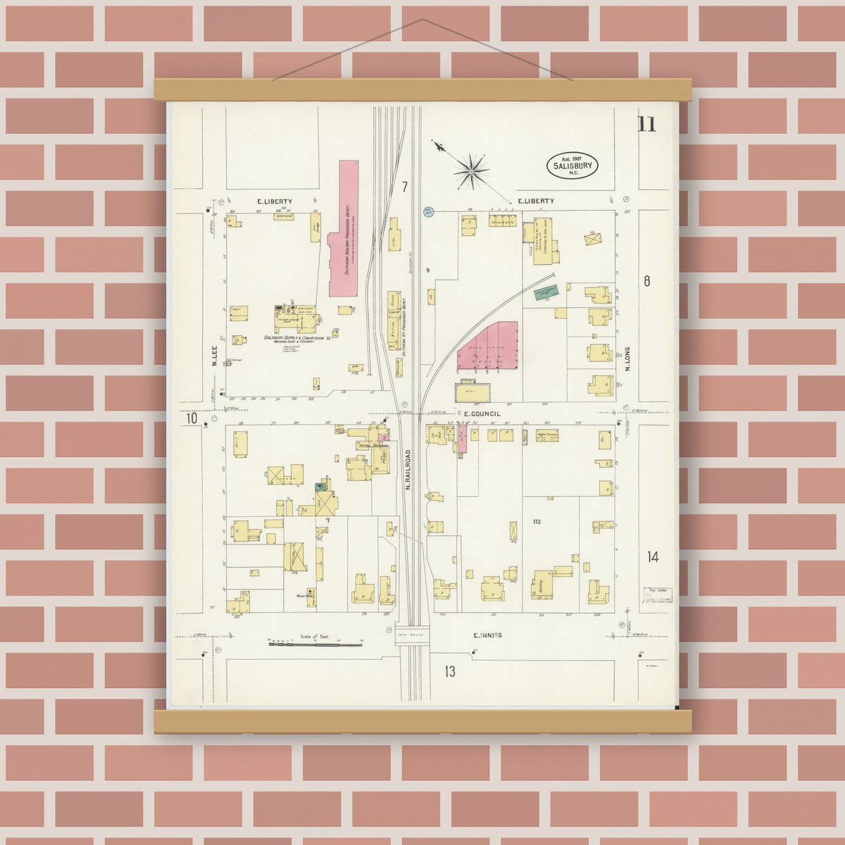 Old map wall art mockup — magnetic wood frame on brick wall — Sanborn Fire Insurance Map from Salisbury, Rowan County, North Carolina (1907), Sheet #0011
