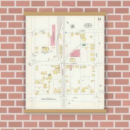 Old map wall art mockup — magnetic wood frame on brick wall — Sanborn Fire Insurance Map from Salisbury, Rowan County, North Carolina (1907), Sheet #0011