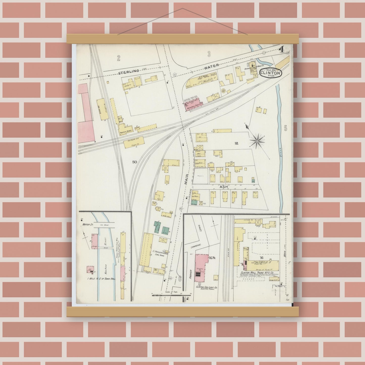 Old map wall art mockup — magnetic wood frame on brick wall — Sanborn Fire Insurance Map from Clinton, Worcester County, Massachusetts (1894), Sheet #0004
