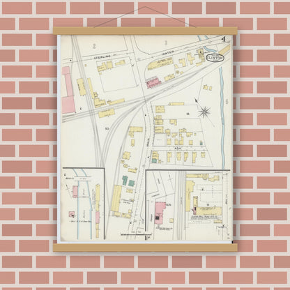 Old map wall art mockup — magnetic wood frame on brick wall — Sanborn Fire Insurance Map from Clinton, Worcester County, Massachusetts (1894), Sheet #0004