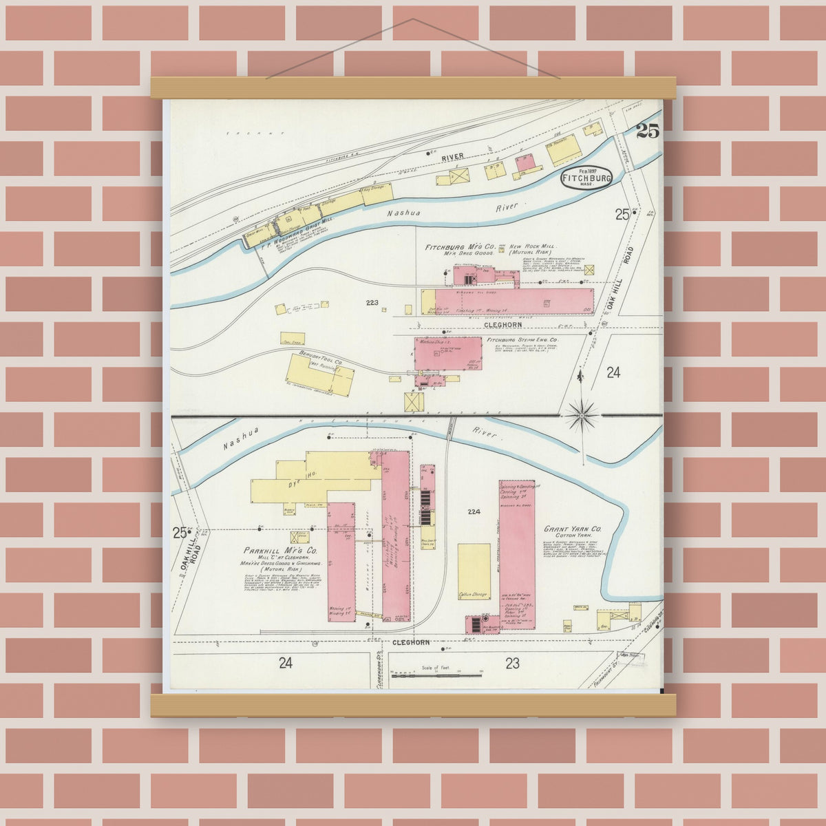Old map wall art mockup — magnetic wood frame on brick wall — Sanborn Fire Insurance Map from Fitchburg, Worcester County, Massachusetts (1897), Sheet #0025