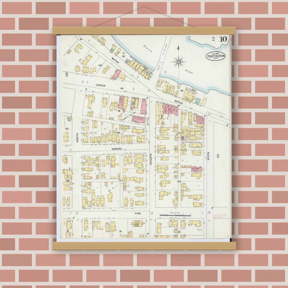 Old map wall art mockup — magnetic wood frame on brick wall — Sanborn Fire Insurance Map from Port Huron, Saint Clair County, Michigan (1898), Sheet #0010