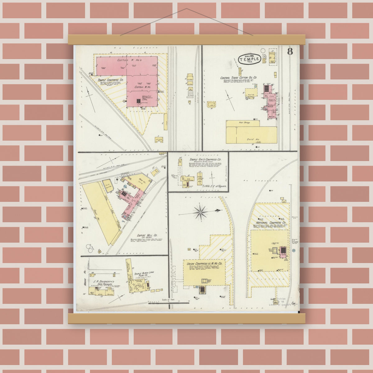 Old map wall art mockup — magnetic wood frame on brick wall — Sanborn Fire Insurance Map from Temple, Bell County, Texas (1896), Sheet #0008