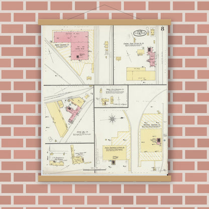 Old map wall art mockup — magnetic wood frame on brick wall — Sanborn Fire Insurance Map from Temple, Bell County, Texas (1896), Sheet #0008
