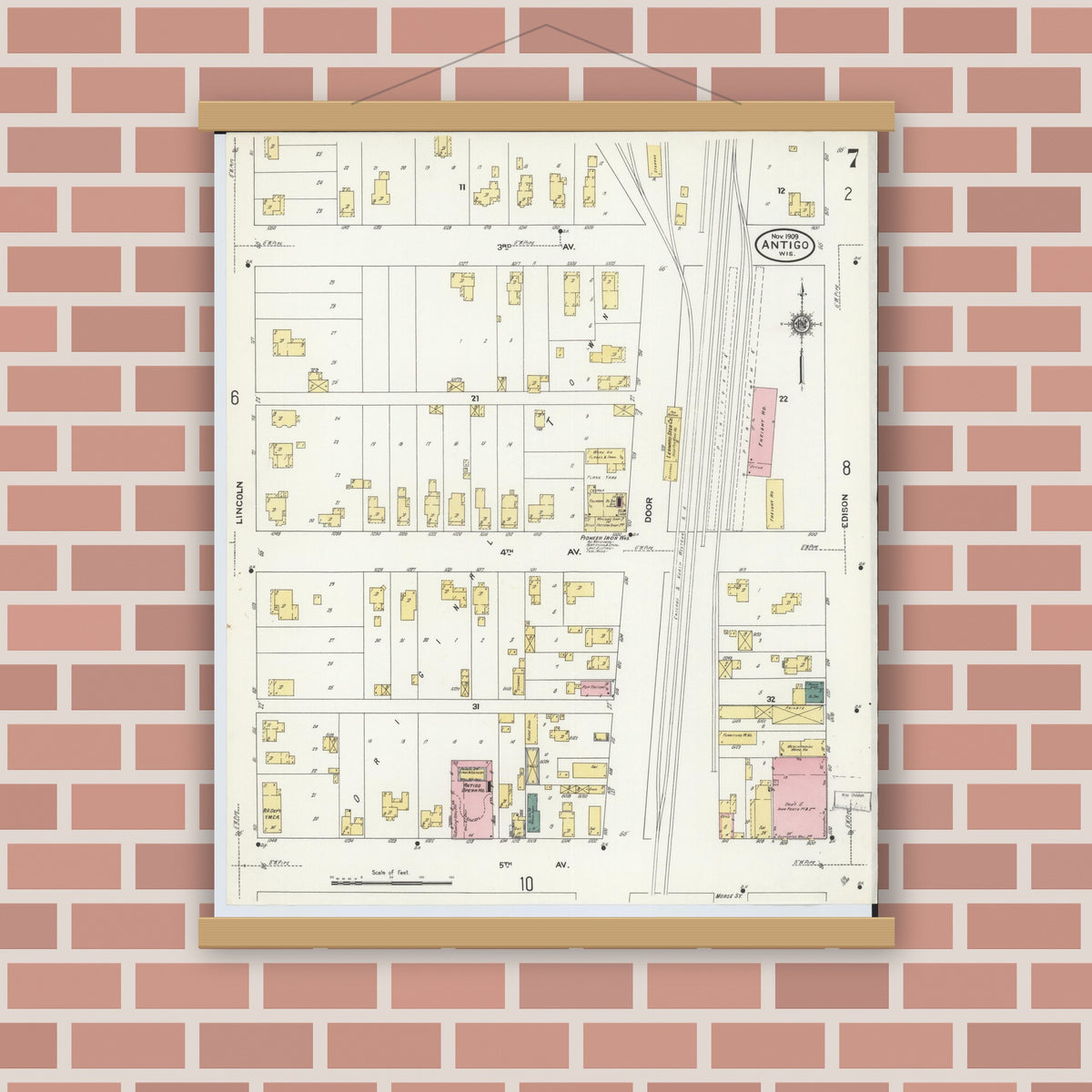 Old map wall art mockup — magnetic wood frame on brick wall — Sanborn Fire Insurance Map from Antigo, Langlade County, Wisconsin (1909), Sheet #0007