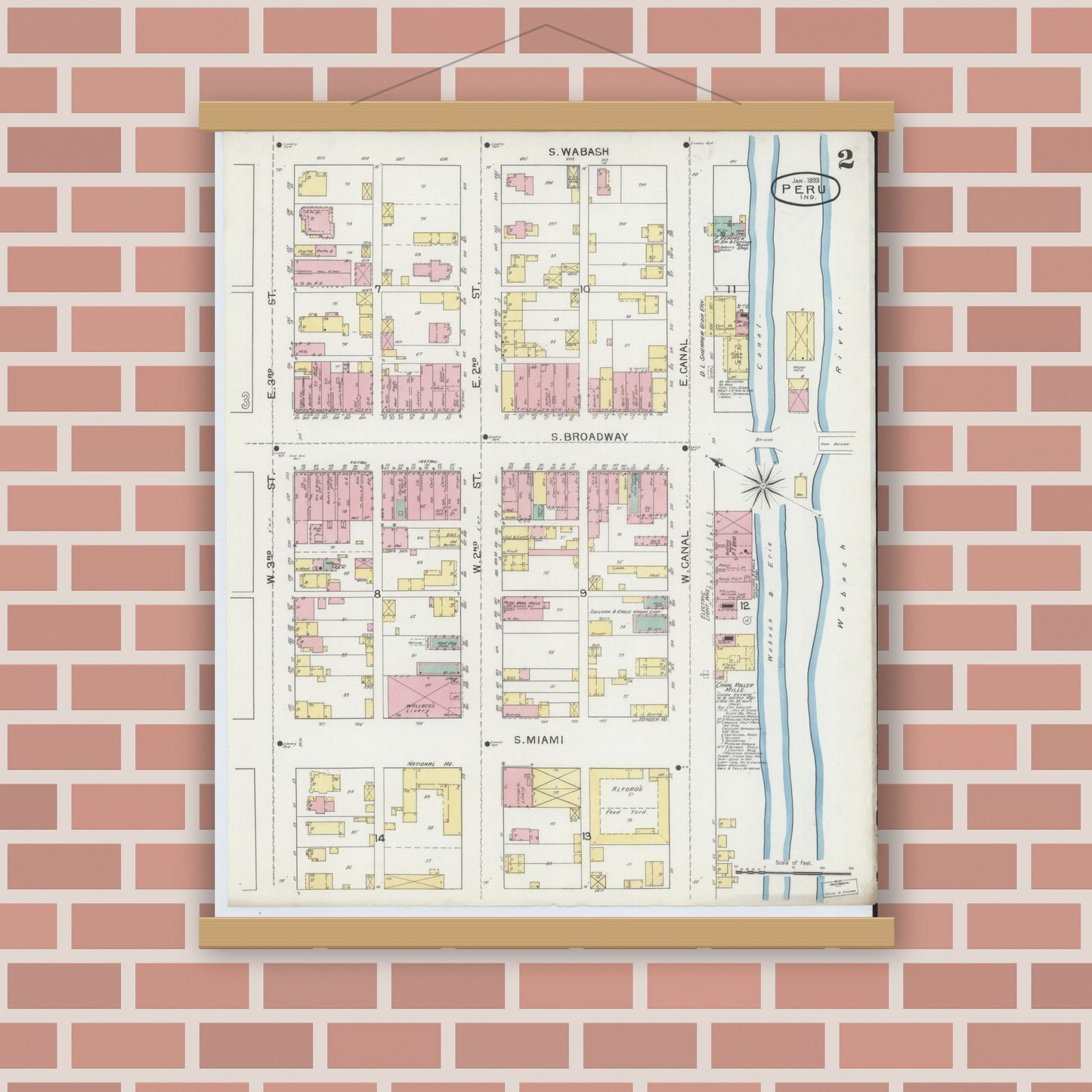 Old map wall art mockup — magnetic wood frame on brick wall — Sanborn Fire Insurance Map from Peru, Miami County, Indiana (1893), Sheet #0002