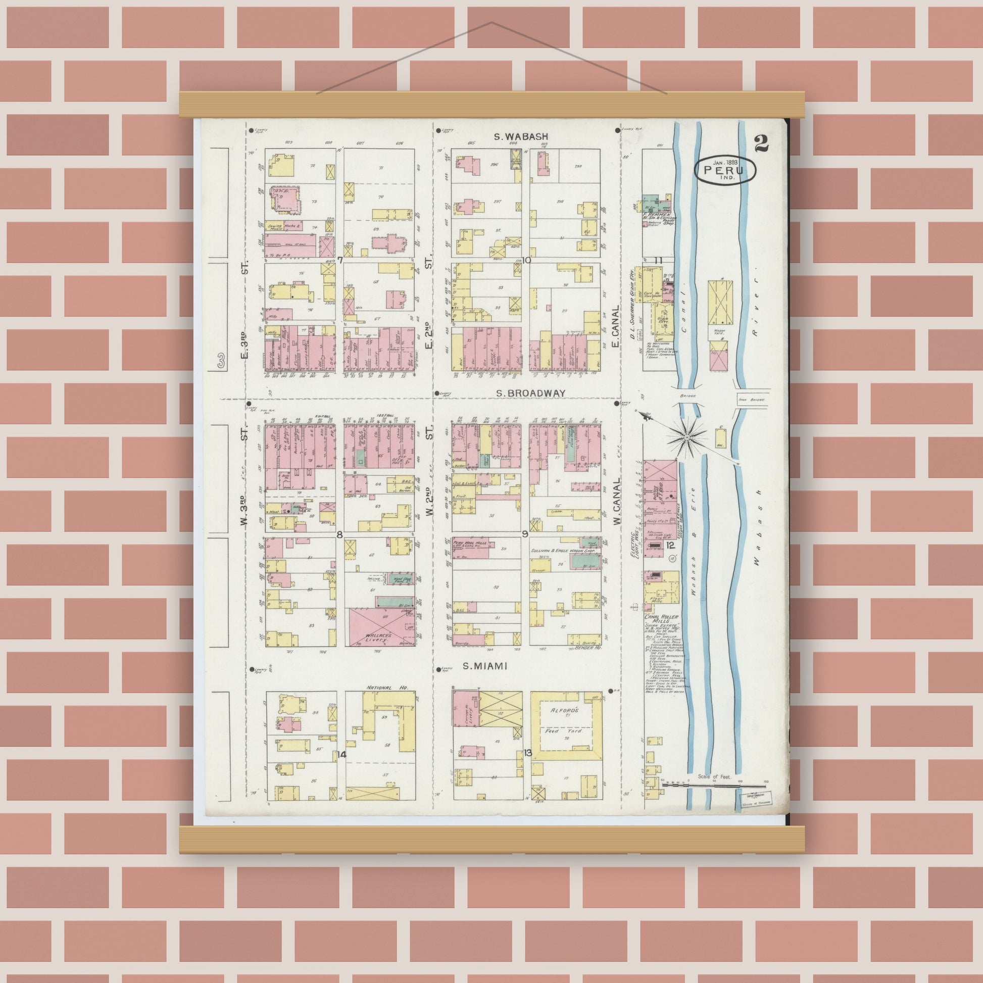 Old map wall art mockup — magnetic wood frame on brick wall — Sanborn Fire Insurance Map from Peru, Miami County, Indiana (1893), Sheet #0002