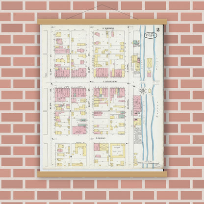 Old map wall art mockup — magnetic wood frame on brick wall — Sanborn Fire Insurance Map from Peru, Miami County, Indiana (1893), Sheet #0002