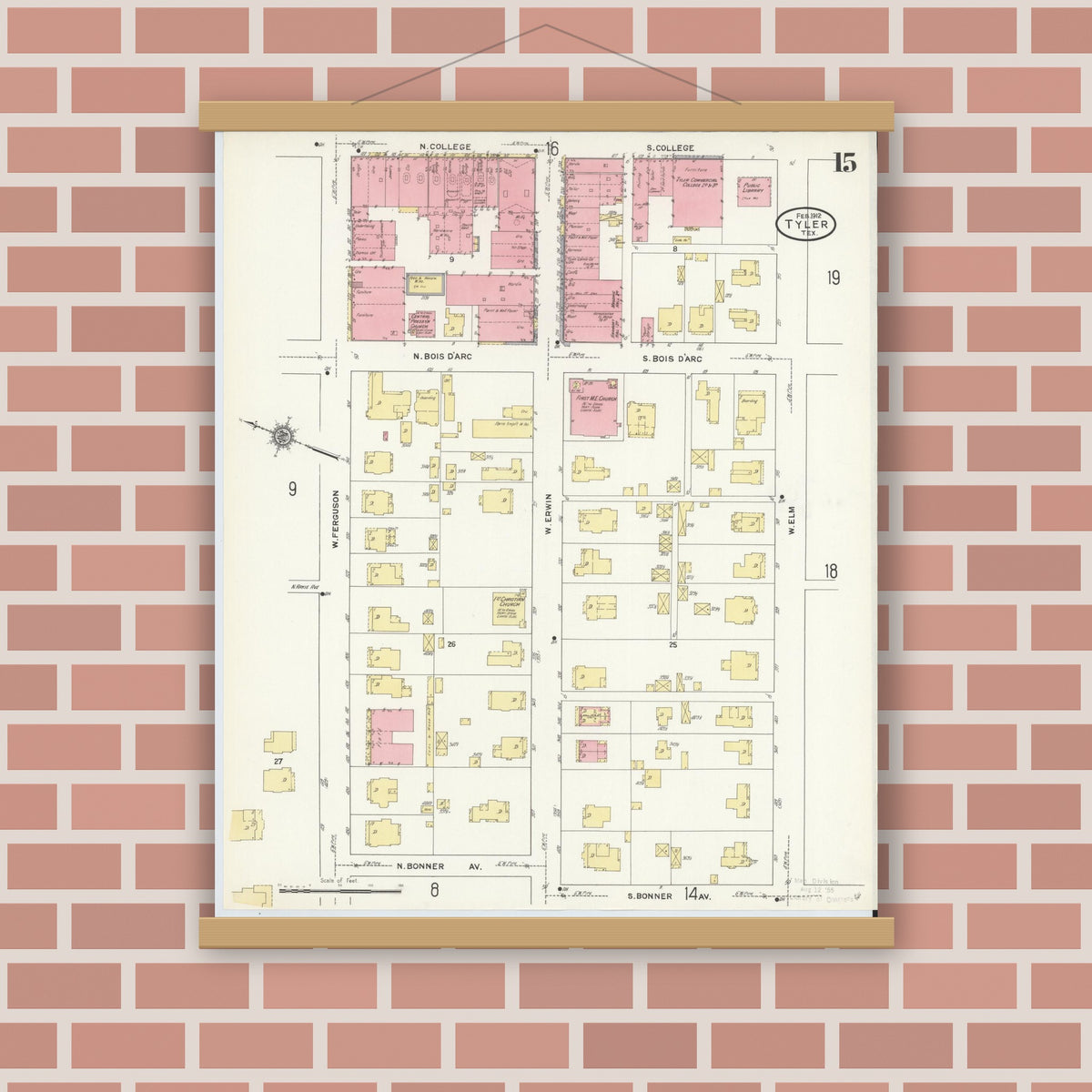 Old map wall art mockup — magnetic wood frame on brick wall — Sanborn Fire Insurance Map from Tyler, Smith County, Texas (1912), Sheet #0015