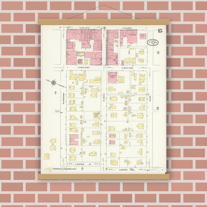 Old map wall art mockup — magnetic wood frame on brick wall — Sanborn Fire Insurance Map from Tyler, Smith County, Texas (1912), Sheet #0015