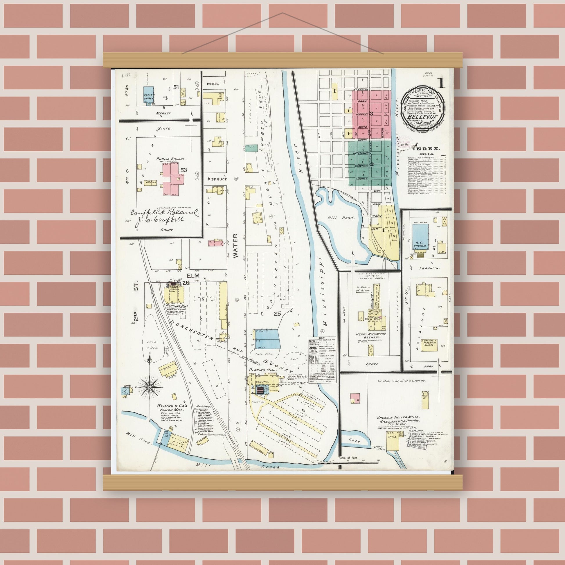 Old map wall art mockup — magnetic wood frame on brick wall — Sanborn Fire Insurance Map from Bellevue, Jackson County, Iowa (1894) â€” Complete Set