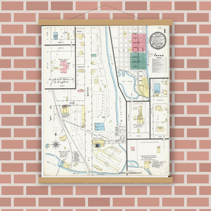 Old map wall art mockup — magnetic wood frame on brick wall — Sanborn Fire Insurance Map from Bellevue, Jackson County, Iowa (1894) â€” Complete Set