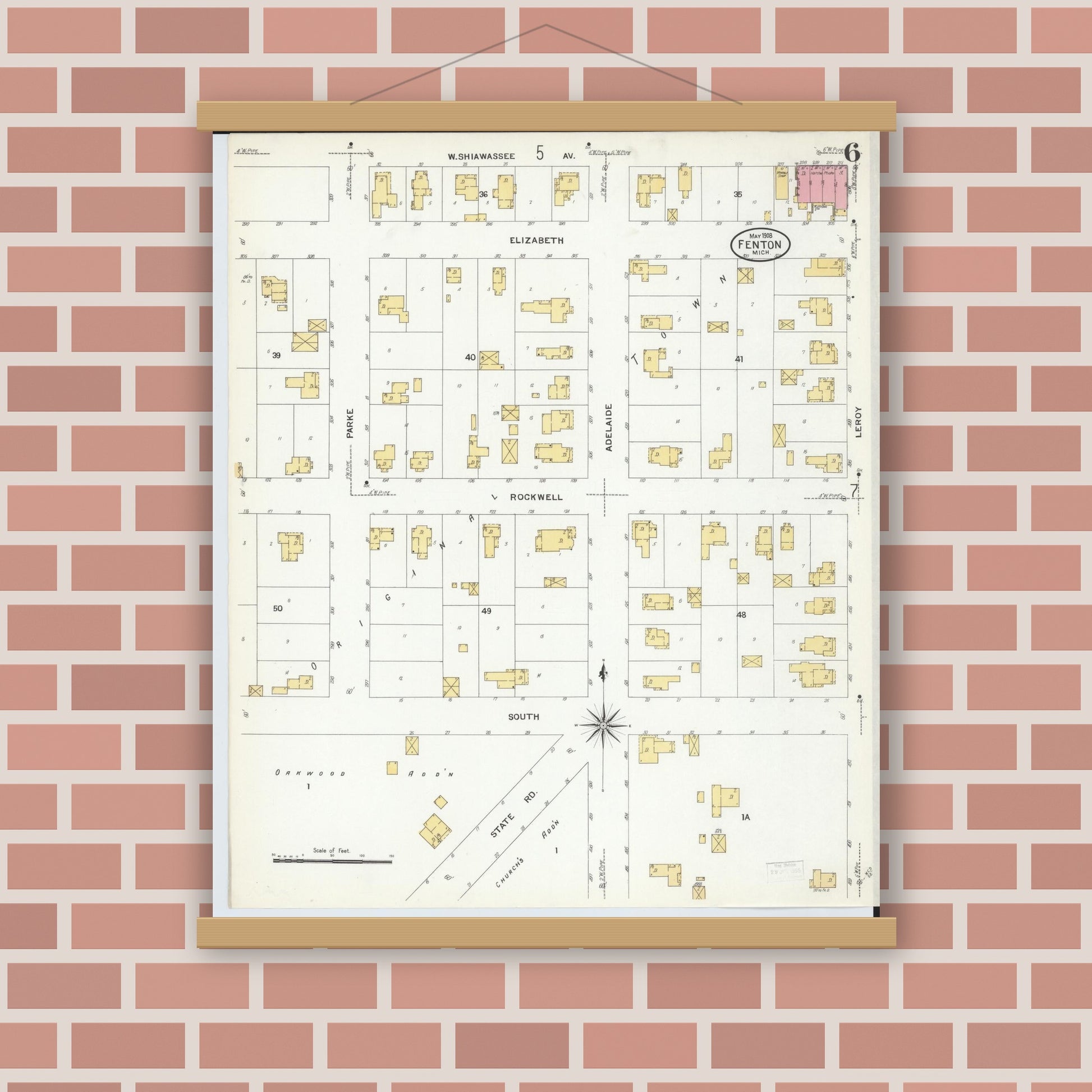 Old map wall art mockup — magnetic wood frame on brick wall — Sanborn Fire Insurance Map from Fenton, Genesee County, Michigan (1908), Sheet #0006