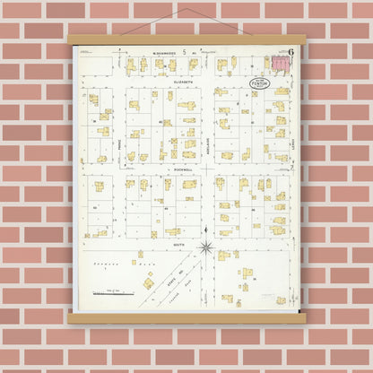 Old map wall art mockup — magnetic wood frame on brick wall — Sanborn Fire Insurance Map from Fenton, Genesee County, Michigan (1908), Sheet #0006