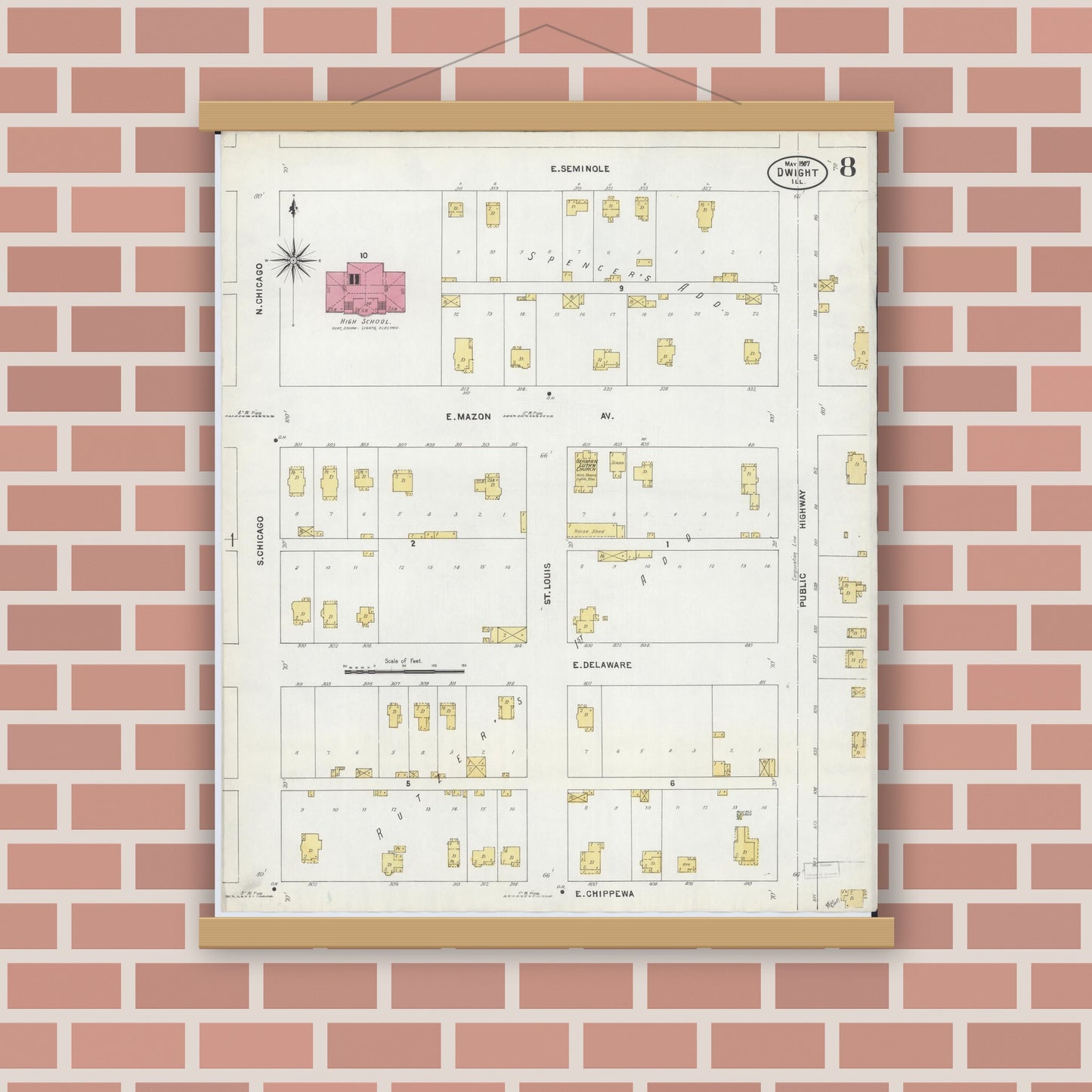 Old map wall art mockup — magnetic wood frame on brick wall — Sanborn Fire Insurance Map from Dwight, Livingston County, Illinois (1907), Sheet #0008