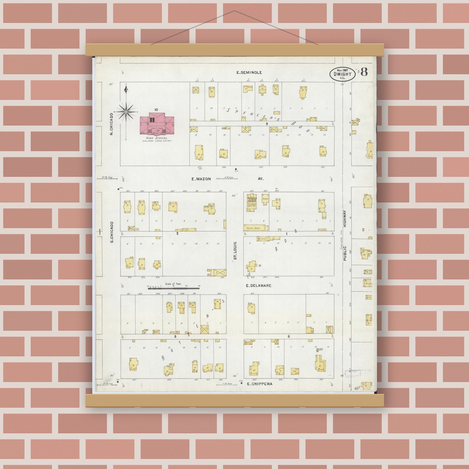 Old map wall art mockup — magnetic wood frame on brick wall — Sanborn Fire Insurance Map from Dwight, Livingston County, Illinois (1907), Sheet #0008
