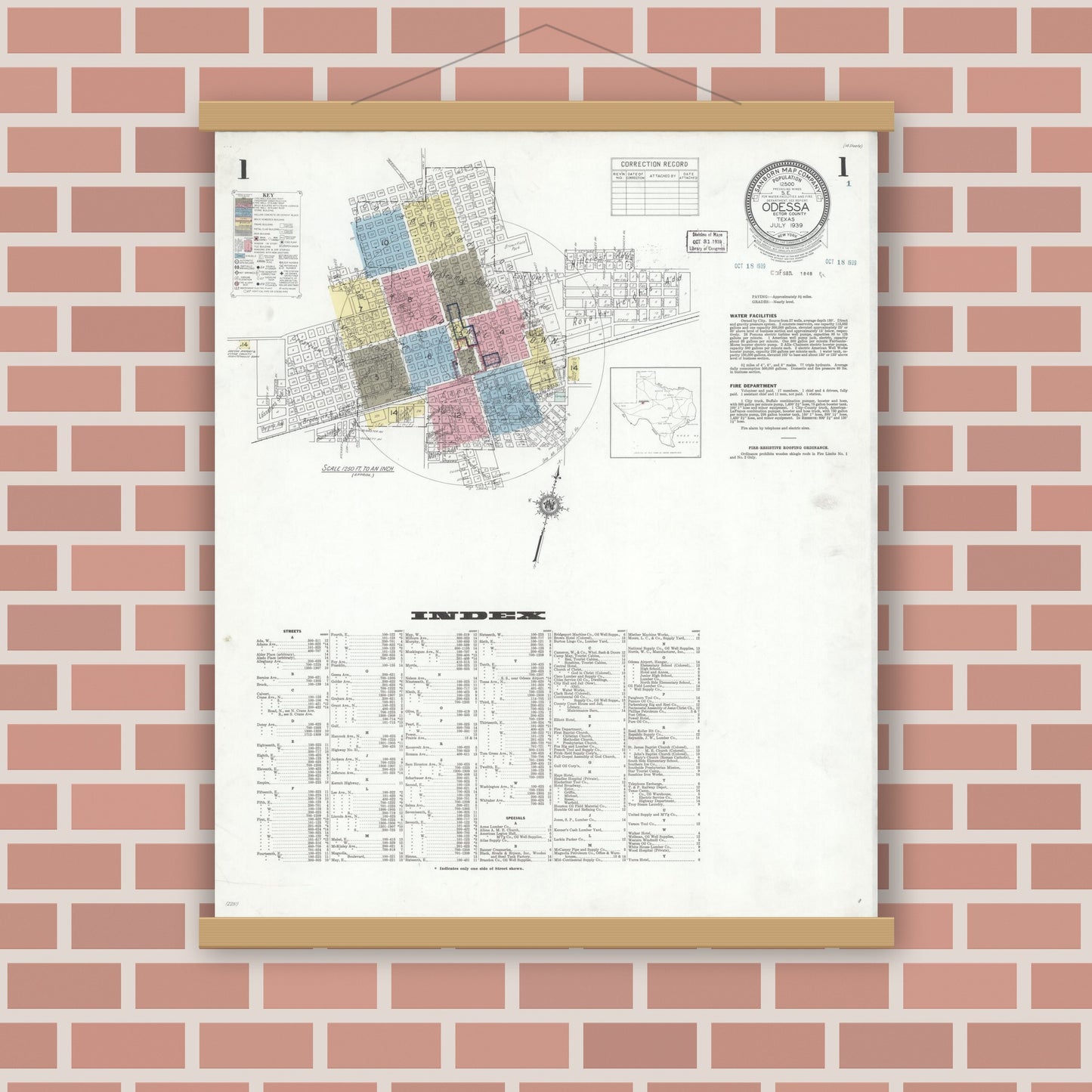 Old map wall art mockup — magnetic wood frame on brick wall — Sanborn Fire Insurance Map from Odessa, Edger County, Texas (1939), Sheet #0001