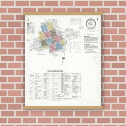 Old map wall art mockup — magnetic wood frame on brick wall — Sanborn Fire Insurance Map from Odessa, Edger County, Texas (1939), Sheet #0001