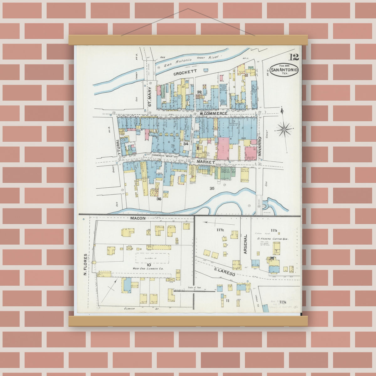 Old map wall art mockup — magnetic wood frame on brick wall — Sanborn Fire Insurance Map from San Antonio, Bexar County, Texas (1892), Sheet #0012