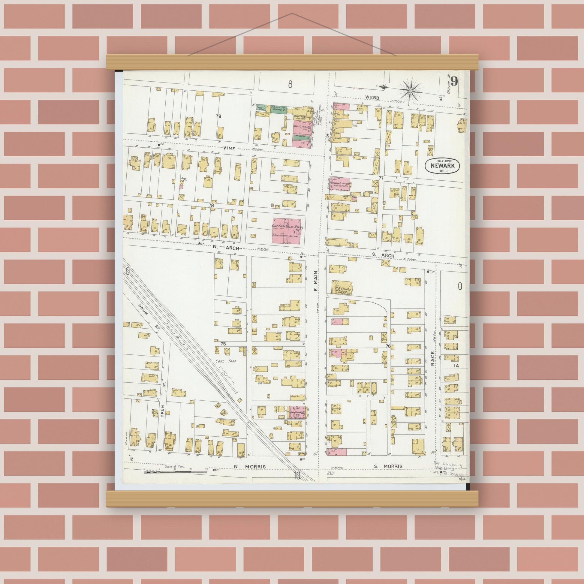 Old map wall art mockup — magnetic wood frame on brick wall — Sanborn Fire Insurance Map from Newark, Licking County, Ohio (1899), Sheet #0009