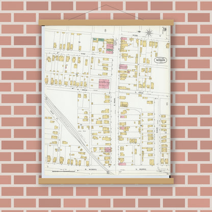 Old map wall art mockup — magnetic wood frame on brick wall — Sanborn Fire Insurance Map from Newark, Licking County, Ohio (1899), Sheet #0009
