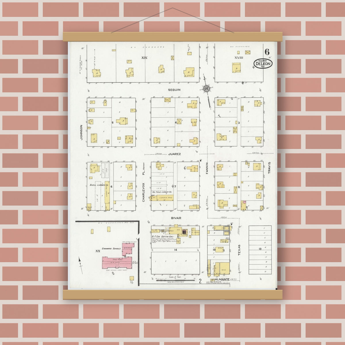 Old map wall art mockup — magnetic wood frame on brick wall — Sanborn Fire Insurance Map from De Leon, Comanche County, Texas (1920), Sheet #0006