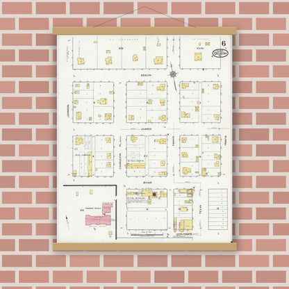 Old map wall art mockup — magnetic wood frame on brick wall — Sanborn Fire Insurance Map from De Leon, Comanche County, Texas (1920), Sheet #0006