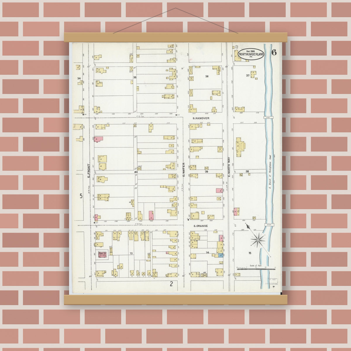 Old map wall art mockup — magnetic wood frame on brick wall — Sanborn Fire Insurance Map from Northumberland, Northumberland County, Pennsylvania (1906), Sheet #0006