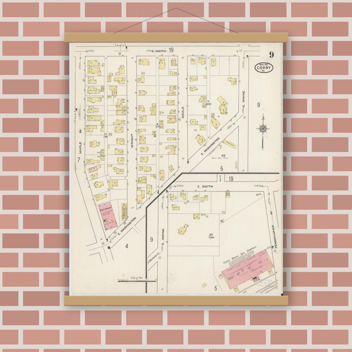 Old map wall art mockup — magnetic wood frame on brick wall — Sanborn Fire Insurance Map from Corry, Erie County, Pennsylvania (1915), Sheet #0009
