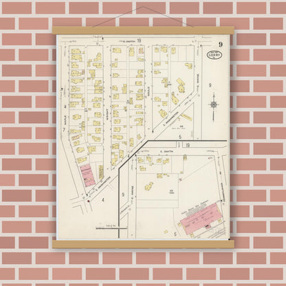 Old map wall art mockup — magnetic wood frame on brick wall — Sanborn Fire Insurance Map from Corry, Erie County, Pennsylvania (1915), Sheet #0009