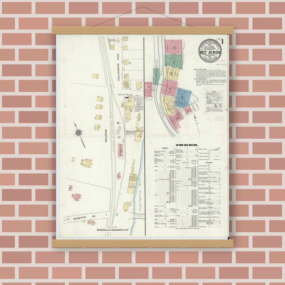 Old map wall art mockup — magnetic wood frame on brick wall — Sanborn Fire Insurance Map from West Newton, Westmoreland County, Pennsylvania (1910), Sheet #0001