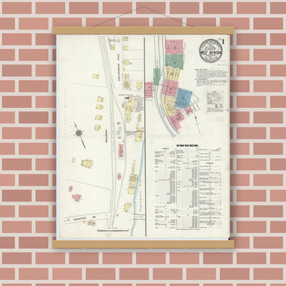 Old map wall art mockup — magnetic wood frame on brick wall — Sanborn Fire Insurance Map from West Newton, Westmoreland County, Pennsylvania (1910), Sheet #0001