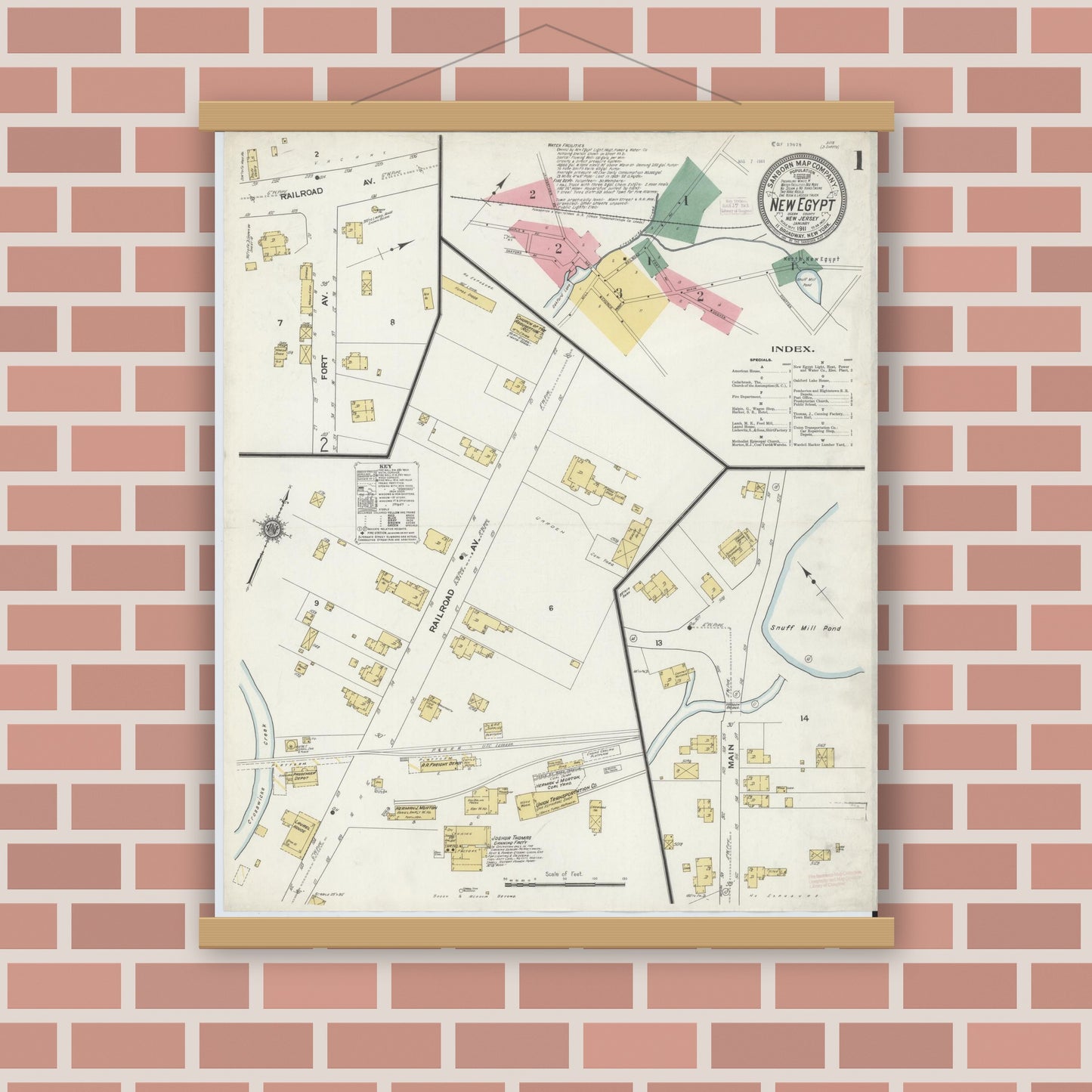 Old map wall art mockup — magnetic wood frame on brick wall — Sanborn Fire Insurance Map from New Egypt, Ocean County, New Jersey (1911), Sheet #0001