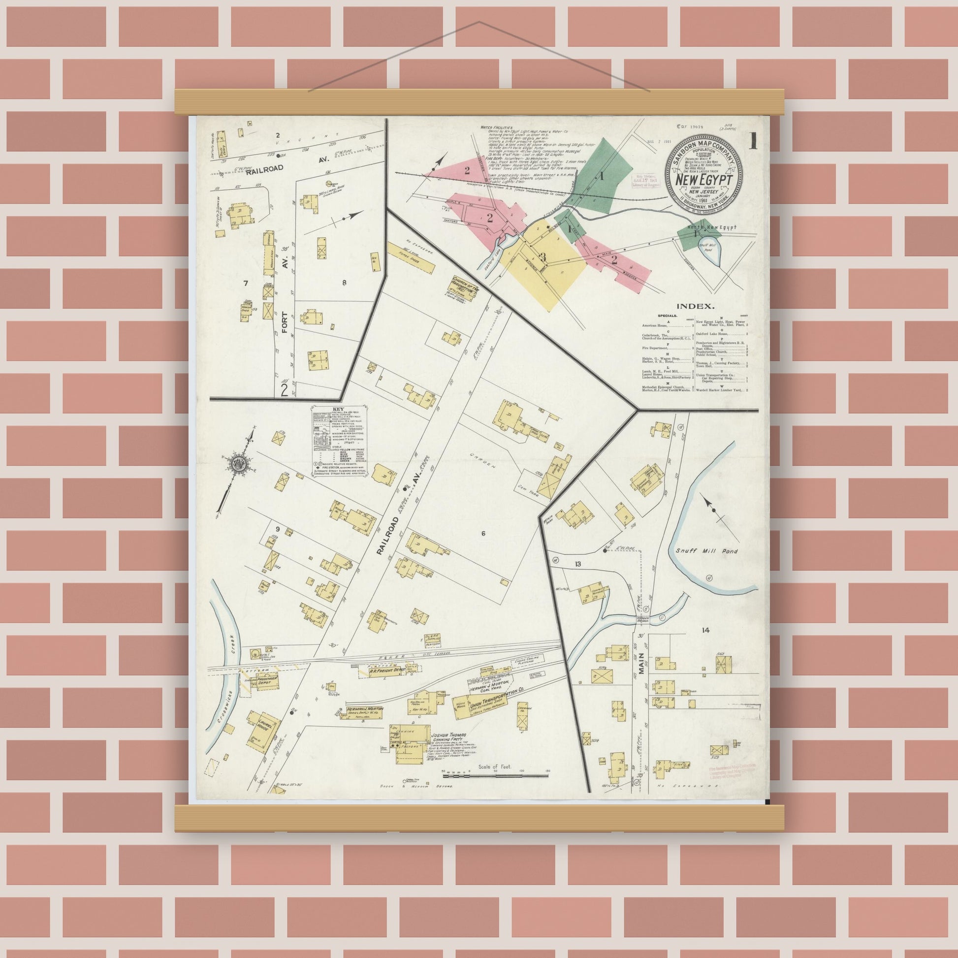 Old map wall art mockup — magnetic wood frame on brick wall — Sanborn Fire Insurance Map from New Egypt, Ocean County, New Jersey (1911), Sheet #0001