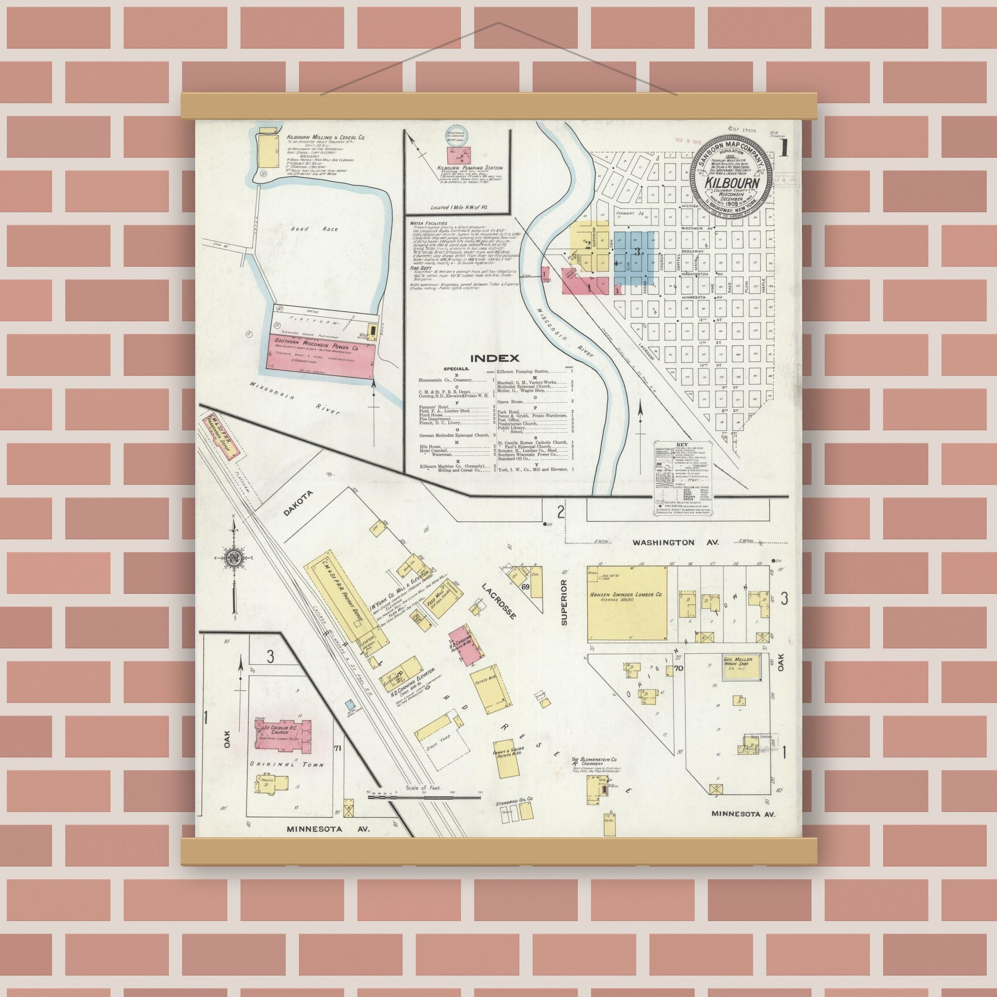 Old map wall art mockup — magnetic wood frame on brick wall — Sanborn Fire Insurance Map from Kilbourn, Columbia County, Wisconsin (1909) - Complete Map Set